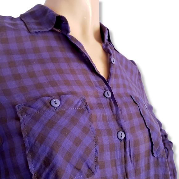 BCBGeneration Blue & Black Plaid Semi-Sheer Button Down Shirt - Picture 2 of 8